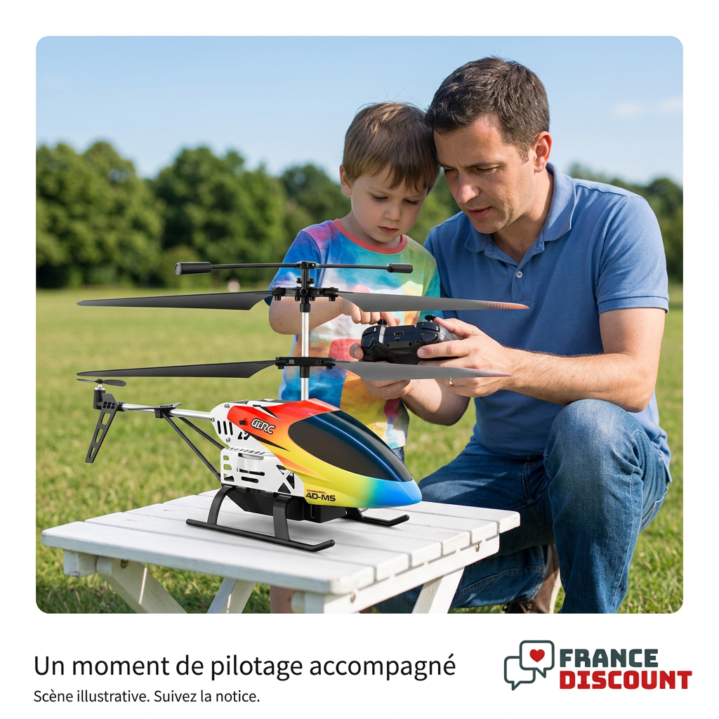 Homme et enfant découvrant les commandes du M5, scène illustrative avec logo France Discount