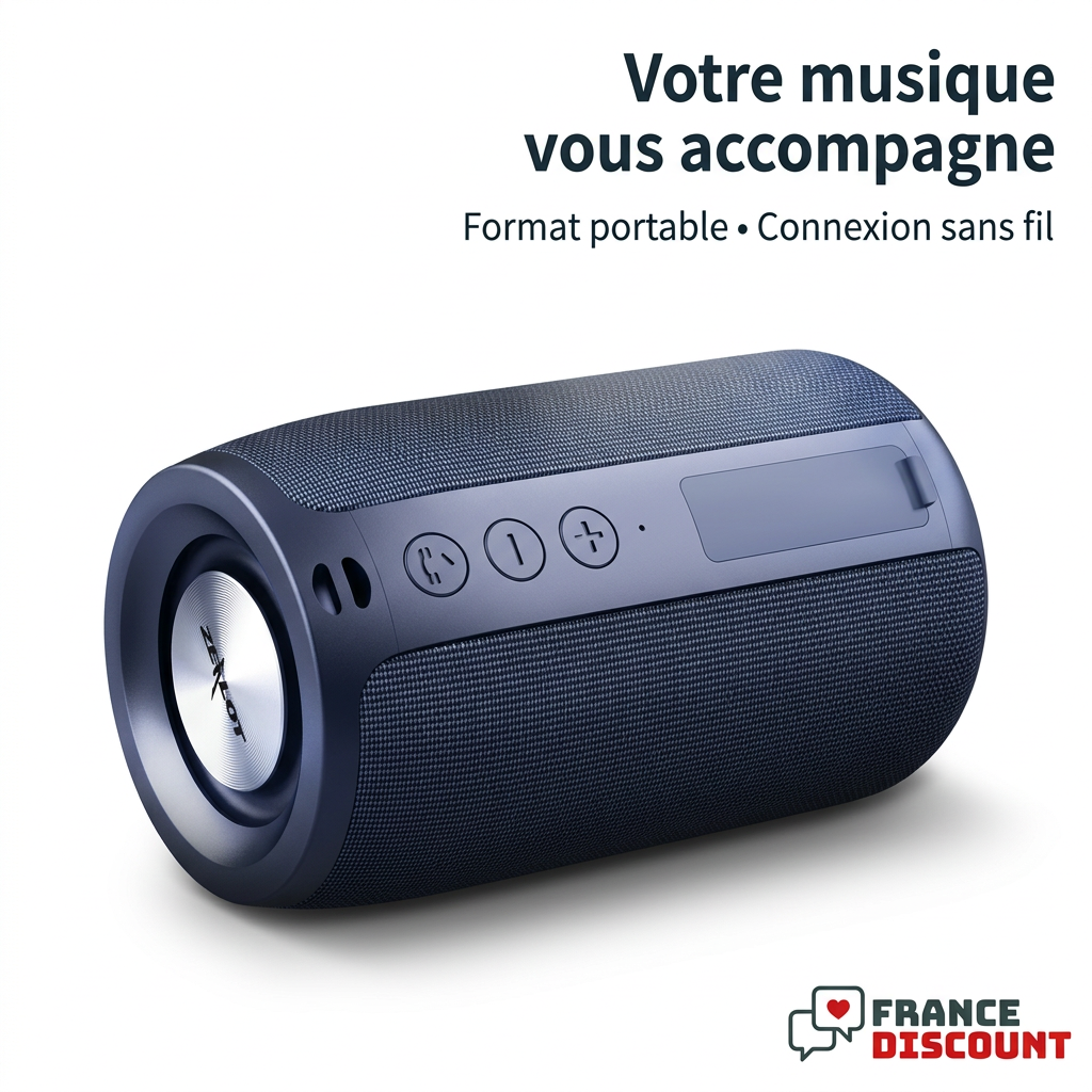 Enceinte Zealot S32 sur fond blanc, format portable et connexion sans fil, texte français