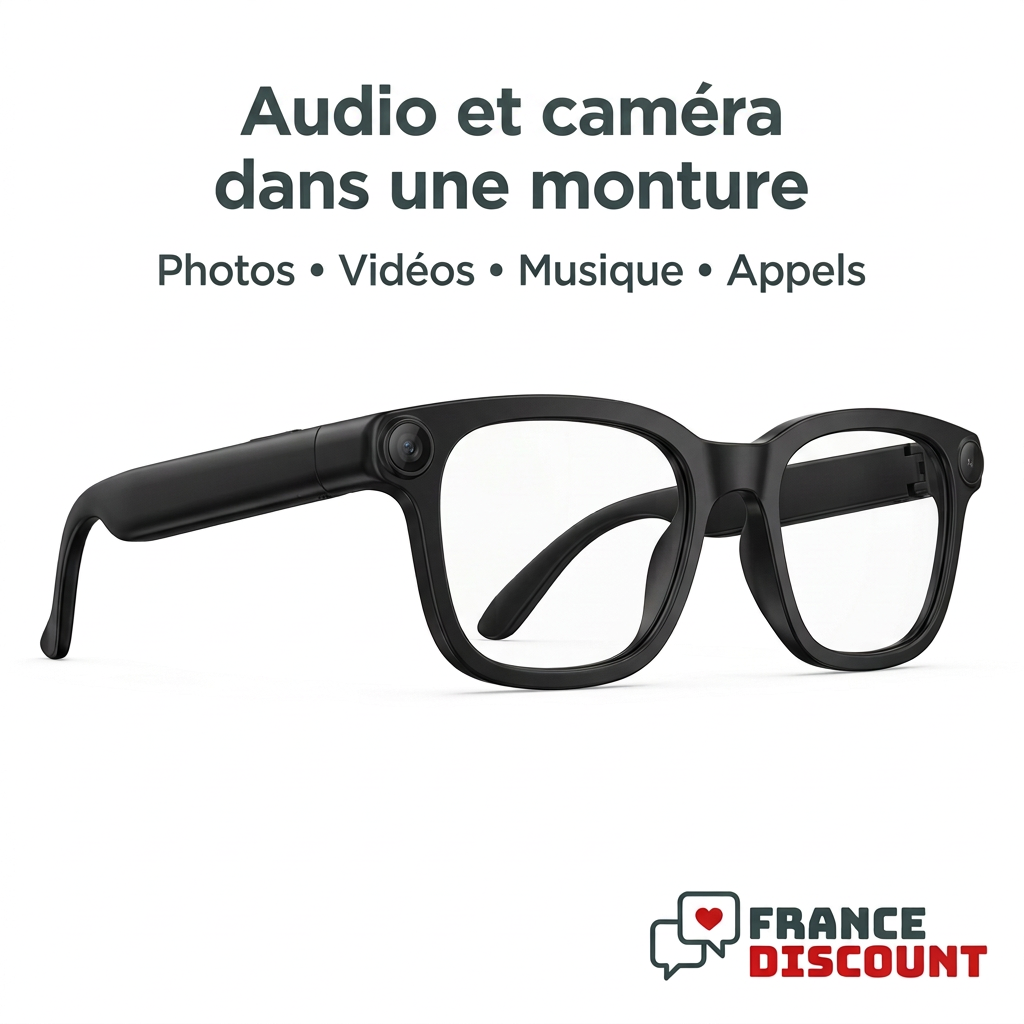 Lunettes connectées noires sur fond blanc, audio et caméra, texte français et logo France Discount