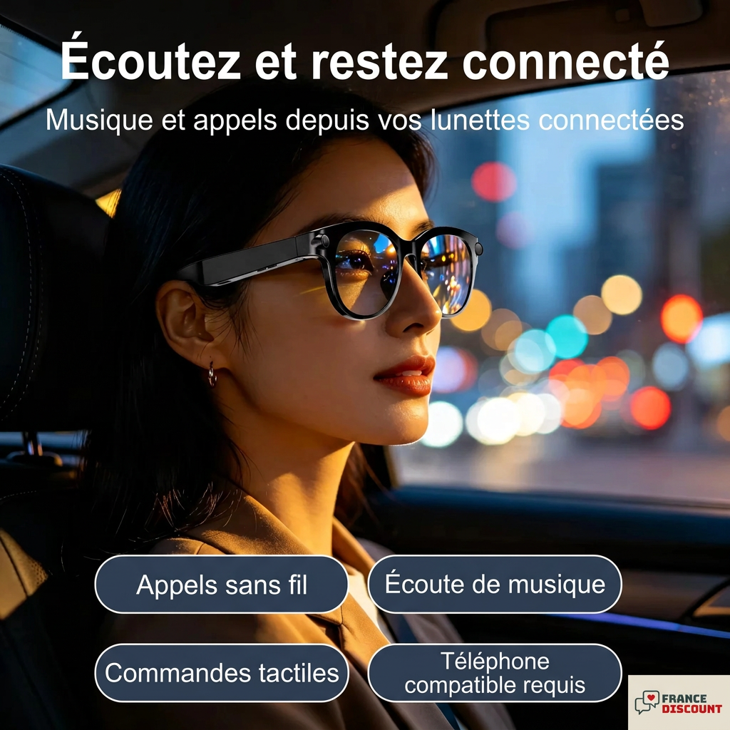 Photo fournisseur femme passagère portant lunettes, audio et appels en français