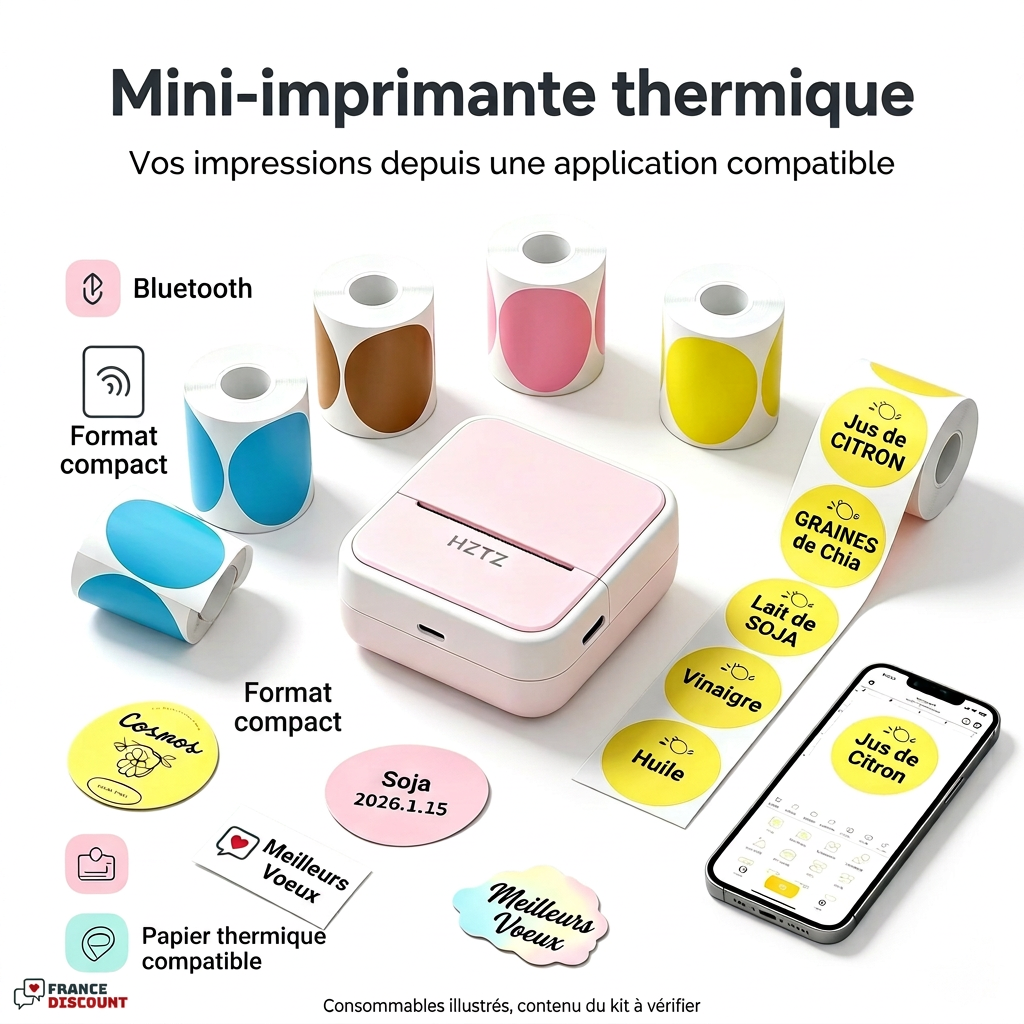 Photo fournisseur traduite en français, mini-imprimante et logo France Discount