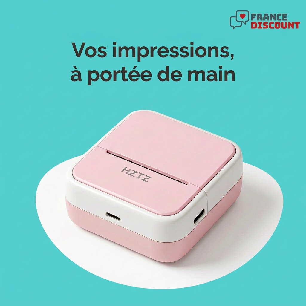 Mini-imprimante rose sur fond turquoise moderne avec logo France Discount