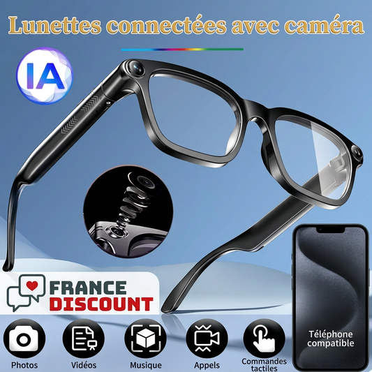 Présentation fournisseur lunettes avec caméra et téléphone compatible, textes français
