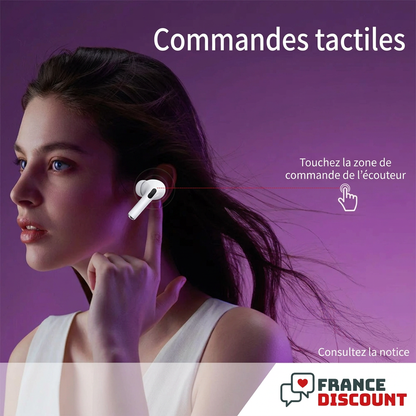 Femme utilisant les commandes tactiles des écouteurs Airs Pro, explications en français
