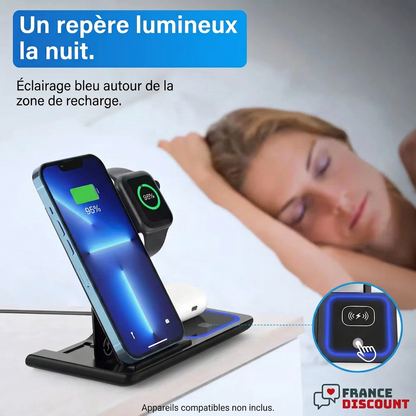 Station de recharge sur table de chevet avec repère lumineux bleu, photo fournisseur en français