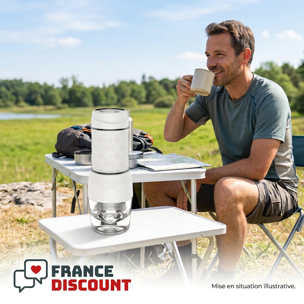 Homme savourant un café en déplacement avec la cafetière HOMEFISH blanche, mise en situation illustrative