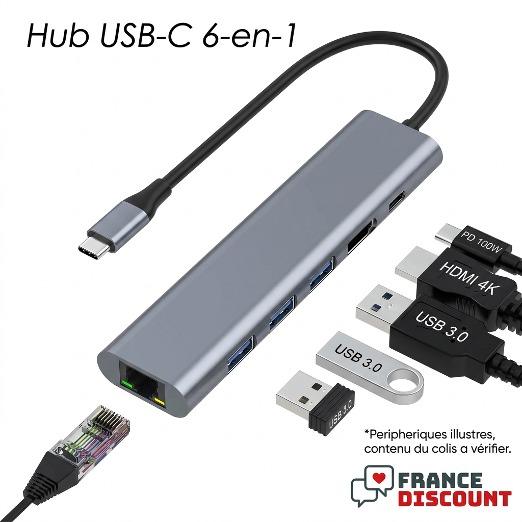 Hub USB-C 6-en-1 et périphériques illustrés