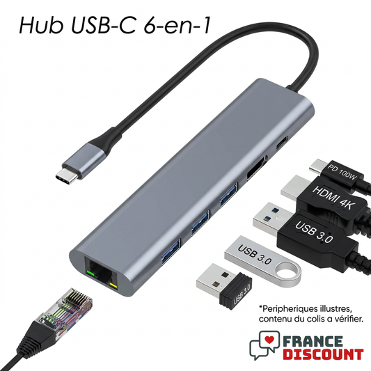 Hub USB-C 6-en-1 et périphériques illustrés