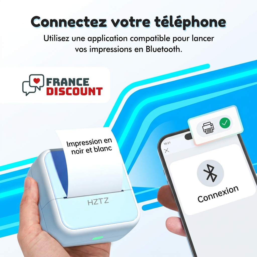 Mini-imprimante bleue et téléphone, connexion Bluetooth expliquée en français