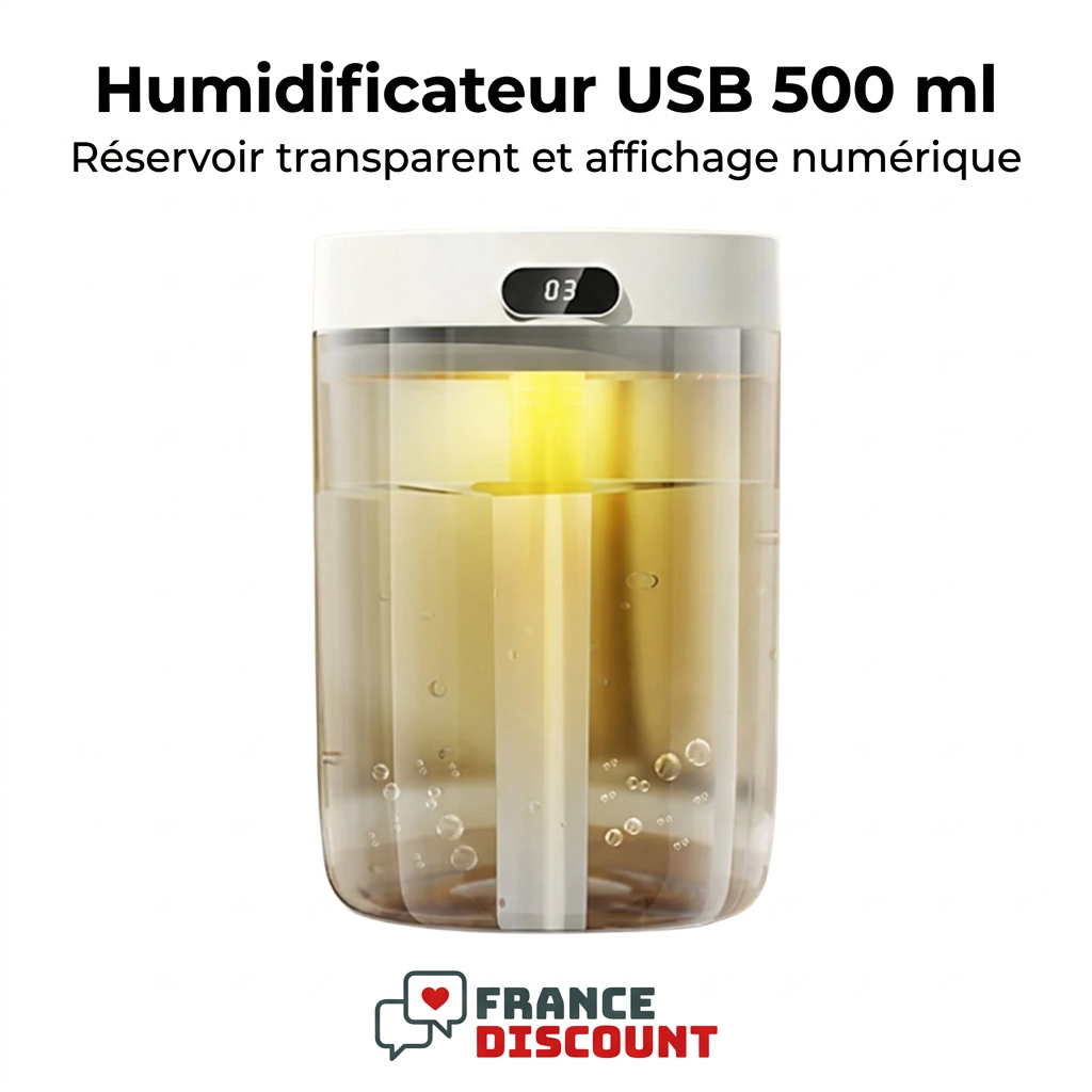 Humidificateur USB 500 ml blanc sur fond blanc, réservoir transparent et affichage numérique