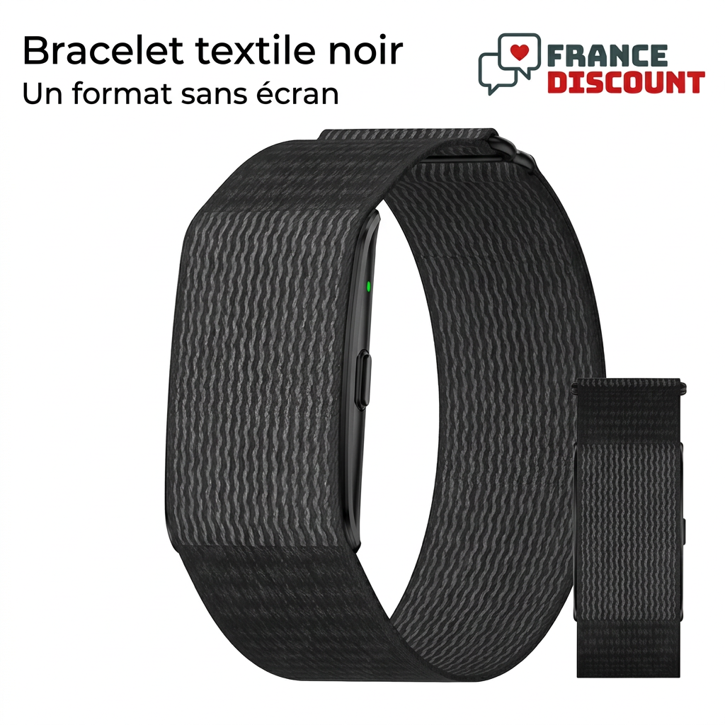 Bracelet LIGE textile noir sans écran, photo fidèle sur fond blanc avec logo France Discount