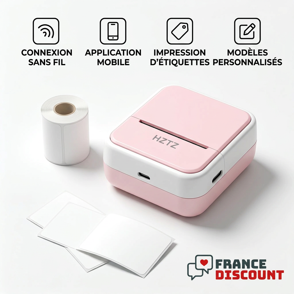 Mini-imprimante rose sur fond blanc avec logo France Discount
